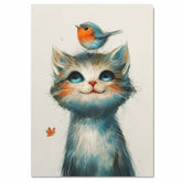 Charming Painting of a Kitten with Bright Blue Eyes and a Robin on Its Head Perfect for Whimsical Animal Decor or Unique Gifts for Cat and Bird Lovers on Ready to Hang 1.5" Thick Canvas Wrap, Floating Framed Canvas, Flat Rolled Canvas