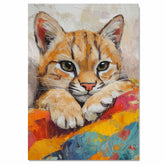 Expressive Cougar Cub Resting on Colorful Blanket with Soft Brushstrokes Whimsical Animal Art Print for Nursery Bedroom or Cozy Wildlife Wall Decor on Ready to Hang 1.5" Thick Canvas Wrap, Floating Framed Canvas, Flat Rolled Canvas