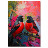 Pair of Red and Black Birds in Abstract Nature Scene – Vivid Modern Painting with Colorful Background Expressing Energy, Contrast, and Harmony in Nature on Ready to Hang 1.5" Thick Canvas Wrap, Floating Framed Canvas, Flat Rolled Canvas