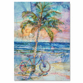 Palm Tree and Bicycle on the Beach Watercolor Painting with Vibrant Ocean Sunset on Ready to Hang 1.5" Thick Canvas Wrap, Floating Framed Canvas, Flat Rolled Canvas