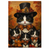 Autumn Elegance: Tuxedo Cat Mom and Three Kittens with Orange Ribbon on Ready to Hang 1.5" Thick Canvas Wrap, Floating Framed Canvas, Flat Rolled Canvas