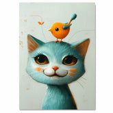 Playful Blue Cat with Cute Yellow Bird on Head Fun Animal Illustration for Nursery Kids Room and Pet Lovers Adorable Gift for Cat and Bird Fans on Ready to Hang 1.5" Thick Canvas Wrap, Floating Framed Canvas, Flat Rolled Canvas