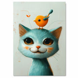 Playful Blue Cat with Cute Yellow Bird on Head Fun Animal Illustration for Nursery Kids Room and Pet Lovers Adorable Gift for Cat and Bird Fans on Ready to Hang 1.5" Thick Canvas Wrap, Floating Framed Canvas, Flat Rolled Canvas