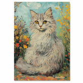 Van Gogh Style Fluffy Cat Canvas Art – Longhaired Feline in a Blooming Garden with Textured Brushwork on Ready to Hang 1.5" Thick Canvas Wrap, Floating Framed Canvas, Flat Rolled Canvas