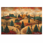Charming Folk Art Christmas Village with Rolling Hills, Deer, Decorated Trees, and Cozy Homes at Sunset on Ready to Hang 1.5" Thick Canvas Wrap, Floating Framed Canvas, Flat Rolled Canvas