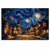 4th of July Fireworks & Flags Village Scene – Decorative Patriotic Art on Ready to Hang 1.5" Thick Canvas Wrap, Floating Framed Canvas, Flat Rolled Canvas