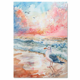 Watercolor Seagull on Shoreline at Sunset with Ocean Waves and Pink Orange Sky in a Peaceful Coastal Scene on Ready to Hang 1.5" Thick Canvas Wrap, Floating Framed Canvas, Flat Rolled Canvas