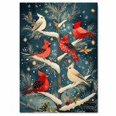 Retro Style Painting of Red and Cream Cardinals in a Snowy Tree with Golden Ornaments and Holly Accents Perfect for Christmas Decor or Winter Bird Lovers on Ready to Hang 1.5" Thick Canvas Wrap, Floating Framed Canvas, Flat Rolled Canvas