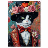 Timeless Elegance: Tuxedo Cat in a Flowery Hat and European-Inspired Suit - Sophisticated Classic Painting on Ready to Hang 1.5" Thick Canvas Wrap, Floating Framed Canvas, Flat Rolled Canvas