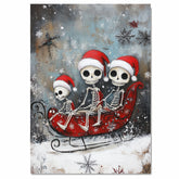 Whimsical Skeleton Family Sleigh Ride Christmas Print – Spooky Cute Holiday Decor with Santa Hats, Red Sleigh & Snowflakes, Gothic Winter Wall Art on Ready to Hang 1.5" Thick Canvas Wrap, Floating Framed Canvas, Flat Rolled Canvas