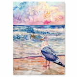 Serene Watercolor Painting of a Seagull by the Ocean with Gentle Waves and Colorful Sunset Sky in a Peaceful Beach Scene on Ready to Hang 1.5" Thick Canvas Wrap, Floating Framed Canvas, Flat Rolled Canvas
