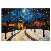 Starry Night Village Scene in Van Gogh Style – Whimsical Folk Art of Snowy Streets and Colorful Holiday Homes on Ready to Hang 1.5" Thick Canvas Wrap, Floating Framed Canvas, Flat Rolled Canvas