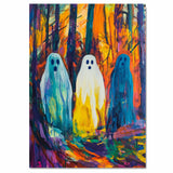 Three Colorful Ghosts in a Vivid Abstract Forest, Bold Halloween-Inspired Artwork with Bright Brushstrokes and Surreal Fantasy Atmosphere on Ready to Hang 1.5" Thick Canvas Wrap, Floating Framed Canvas, Flat Rolled Canvas