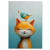 Smiling Orange Cat with Blue and Yellow Bird on Head Adorable Animal Illustration for Kids Room or Nursery Fun Whimsical Art for Cat and Bird Lovers on Ready to Hang 1.5" Thick Canvas Wrap, Floating Framed Canvas, Flat Rolled Canvas