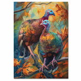 Colorful Wild Turkey Pair Perched on Branch Among Autumn Leaves with Vivid Feathers and Blue Faces in a Stunning Wildlife Nature Art Scene on Ready to Hang 1.5" Thick Canvas Wrap, Floating Framed Canvas, Flat Rolled Canvas
