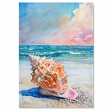Watercolor Painting of a Large Orange Seashell on Sandy Beach with Ocean Waves and Colorful Sky at Sunset on Ready to Hang 1.5" Thick Canvas Wrap, Floating Framed Canvas, Flat Rolled Canvas