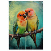 Vibrant Parrot Pair Artwork Featuring Orange Green and Yellow Plumage with Blue Highlights on a Branch Against an Abstract Teal and Textured Background on Ready to Hang 1.5" Thick Canvas Wrap, Floating Framed Canvas, Flat Rolled Canvas