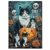 Haunting Whiskers: Tuxedo Cat Mom and Three Kittens in a Spooky Forest on Ready to Hang 1.5" Thick Canvas Wrap, Floating Framed Canvas, Flat Rolled Canvas