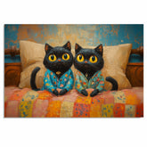 Painting of Two Cute Black Cats Sitting Side by Side on a Colorful Bed Wearing Pajamas with Big Yellow Eyes in a Cozy Bedroom Scene with Warm Painted Textures on Ready to Hang 1.5" Thick Canvas Wrap, Floating Framed Canvas, Flat Rolled Canvas