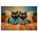 Painting of Two Cute Black Cats Sitting Side by Side on a Colorful Bed Wearing Pajamas with Big Yellow Eyes in a Cozy Bedroom Scene with Warm Painted Textures on Ready to Hang 1.5" Thick Canvas Wrap, Floating Framed Canvas, Flat Rolled Canvas