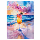 Watercolor Painting of a Tropical Cocktail on the Beach Colorful Sunset Drink Wall Art for Summer and Coastal Decor on Ready to Hang 1.5" Thick Canvas Wrap, Floating Framed Canvas, Flat Rolled Canvas