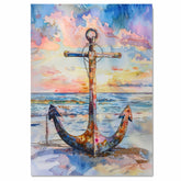 Watercolor Painting of a Multicolored Anchor on the Beach at Sunset with Ocean Waves and Vibrant Sky Background on Ready to Hang 1.5" Thick Canvas Wrap, Floating Framed Canvas, Flat Rolled Canvas