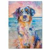 Watercolor Painting of a Multicolored Dog at the Beach – Gentle Expression Coastal Art Print for Dog and Ocean Lovers on Ready to Hang 1.5" Thick Canvas Wrap, Floating Framed Canvas, Flat Rolled Canvas