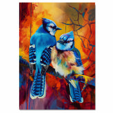 Blue Jays on Fiery Autumn Branch with Vivid Brush Strokes Perfect Nature Inspired Art for Bird Lovers Wildlife Enthusiasts and Bright Interior Accents on Ready to Hang 1.5" Thick Canvas Wrap, Floating Framed Canvas, Flat Rolled Canvas