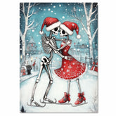Whimsical Skeleton Couple Ice Skating Christmas Art – Gothic Holiday Romance Wall Print, Festive Skeleton Love in Red Santa Hats, Spooky Cute Winter Decor on Ready to Hang 1.5" Thick Canvas Wrap, Floating Framed Canvas, Flat Rolled Canvas