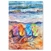 Colorful Flip Flops on a Sunset Beach with Ocean Waves and Reflections in Watercolor Coastal Summer Art on Ready to Hang 1.5" Thick Canvas Wrap, Floating Framed Canvas, Flat Rolled Canvas
