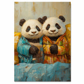 Whimsical Painting of Two Cute Panda Bears in Colorful Pajamas Holding Mugs with Cozy Expressions in a Textured Artistic Style on Ready to Hang 1.5" Thick Canvas Wrap, Floating Framed Canvas, Flat Rolled Canvas
