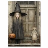 Hauntingly Sweet Halloween Scene with Little Witch Girl and Dressed-Up Cat Holding Pumpkin, Moody Autumn Atmosphere in Vintage-Style Front Porch Setting on Ready to Hang 1.5" Thick Canvas Wrap, Floating Framed Canvas, Flat Rolled Canvas