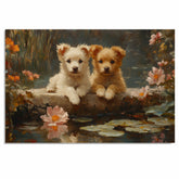 Two Adorable Fluffy Puppies by a Lily Pond with Flowers, Impressionist Style Painting, Peaceful Nature Scene with Water Reflections and Blossoms on Ready to Hang 1.5" Thick Canvas Wrap, Floating Framed Canvas, Flat Rolled Canvas