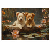 Two Adorable Fluffy Puppies by a Lily Pond with Flowers, Impressionist Style Painting, Peaceful Nature Scene with Water Reflections and Blossoms on Ready to Hang 1.5" Thick Canvas Wrap, Floating Framed Canvas, Flat Rolled Canvas