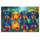 Colorful Dachshund Canvas – Van Gogh-Inspired Oil Painting of Four Dogs in a Lush Floral Garden on Ready to Hang 1.5" Thick Canvas Wrap, Floating Framed Canvas, Flat Rolled Canvas