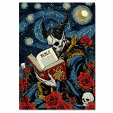 Gothic Devil Reading the Bible – Surreal Starry Night & Skull Rose Aesthetic Dark Art Print on Ready to Hang 1.5" Thick Canvas Wrap, Floating Framed Canvas, Flat Rolled Canvas
