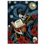 Gothic Devil Reading the Bible – Surreal Starry Night & Skull Rose Aesthetic Dark Art Print on Ready to Hang 1.5" Thick Canvas Wrap, Floating Framed Canvas, Flat Rolled Canvas