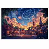 Vintage Americana Night Scene with Flags and Stars – Independence Day Art on Ready to Hang 1.5" Thick Canvas Wrap, Floating Framed Canvas, Flat Rolled Canvas