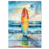 Watercolor Painting of a Multicolored Surfboard Reflecting Ocean Sunset on Shoreline with Vibrant Sky and Rolling Waves on Ready to Hang 1.5" Thick Canvas Wrap, Floating Framed Canvas, Flat Rolled Canvas