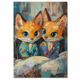 Two Cute Foxes with Big Eyes in Colorful Pajamas on Bed Expressive Brushstroke Art Print for Nursery Bedroom or Whimsical Animal Lovers Wall Decor on Ready to Hang 1.5" Thick Canvas Wrap, Floating Framed Canvas, Flat Rolled Canvas