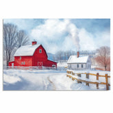 Christmas in the Country – Rustic Home with Red Barn and Snowfall on Ready to Hang 1.5" Thick Canvas Wrap, Floating Framed Canvas, Flat Rolled Canvas