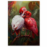 Elegant Flamingo Pair in Lush Jungle Setting with Red and White Plumage and Tropical Foliage Creating a Romantic and Exotic Wildlife Scene on Ready to Hang 1.5" Thick Canvas Wrap, Floating Framed Canvas, Flat Rolled Canvas