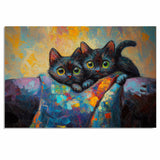 Painting of Two Cute Black Cats with Big Green Eyes Cuddled Together Under a Colorful Blanket Surrounded by Expressive Brush Strokes and Bright Vibrant Colors on Ready to Hang 1.5" Thick Canvas Wrap, Floating Framed Canvas, Flat Rolled Canvas