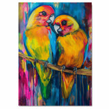 Bright Lovebirds in Vivid Abstract Expressionist Style with Colorful Brushstrokes Featuring Tropical Parrots on Branch in a Bold Artistic Composition on Ready to Hang 1.5" Thick Canvas Wrap, Floating Framed Canvas, Flat Rolled Canvas