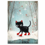 Christmas Wall Art Featuring Black Cat in Red Skates Gliding on Ice in Snowy Forest Whimsical Holiday Illustration Perfect for Cat Lovers and Winter Home Decor on Ready to Hang 1.5" Thick Canvas Wrap, Floating Framed Canvas, Flat Rolled Canvas