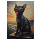 Screaming Black Cat on Rooftop Canvas Painting at Sunset – Dramatic Feline Art Reimagined on Ready to Hang 1.5" Thick Canvas Wrap, Floating Framed Canvas, Flat Rolled Canvas