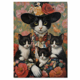 Elegant Blooms: Tuxedo Cat Mom in Victorian Attire with Three Kittens on Ready to Hang 1.5" Thick Canvas Wrap, Floating Framed Canvas, Flat Rolled Canvas