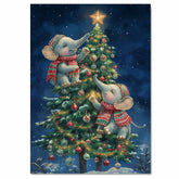 Christmas Baby Elephants Decorating Tree with Star and Ornaments in Snowy Night Scene Holiday Art Print for Nursery or Cozy Winter Home Decor on Ready to Hang 1.5" Thick Canvas Wrap, Floating Framed Canvas, Flat Rolled Canvas
