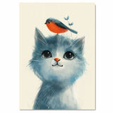 Playful Painting of a Wide-Eyed Blue Kitten with a Bright Orange Bird on Its Head Perfect for Whimsical Decor or a Thoughtful Gift for Animal Lovers on Ready to Hang 1.5" Thick Canvas Wrap, Floating Framed Canvas, Flat Rolled Canvas