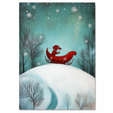Whimsical Christmas Dachshund in Red Sleigh on Snowy Hill Under Teal Sky Playful Winter Dog Art for Holiday Home Décor and Animal Lovers on Ready to Hang 1.5" Thick Canvas Wrap, Floating Framed Canvas, Flat Rolled Canvas